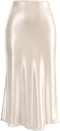 Soowalaoo Womens Beige Skirt Midi Long Length Silk Satin High Waisted Elastic Casual Solid Color Skirts XS