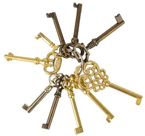 Skeleton Key Set - 10 Keys on a Keyring - Reproduction Keys for Antique Furniture Doors and Drawers - Curios, China Cabinets, Wardrobes, Grandfather Clocks, Dressers and Desks | UA-170-KS