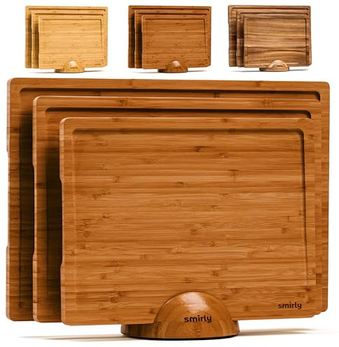SMIRLY Cutting Board, Carbonized Bamboo Cutting Board Set of 3 with Stand