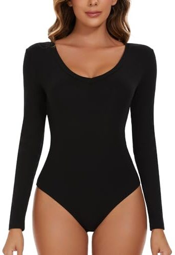 SLIMBELLE Damen Body Langarm V-Ausschnitt Langärmelige Bodysuit Elegant Sexy Langarmbody Oberteil Bustier Schmal Bodysuits Tops Bodys für Damen