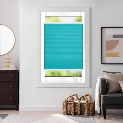 Plissee Ohne Bohren Plissees Klemmfix 40 x 200 cm Einfache Montage, Pflegeleicht Easyfix Faltrollo mit Klemmträger / -fix für Wohnzimmer, Blau