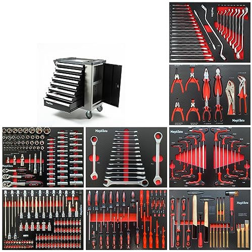 Mephisto XXL Werkzeugwagen Werkstattwagen mit 8 Schubladen davon 8 mit Werkzeug wie Schraubenschlüssel, Ratsche mit Nusskasten, Ringschlüssel-Set usw. in Soft Inlays in Carbon Lock gefüllte Schubladen