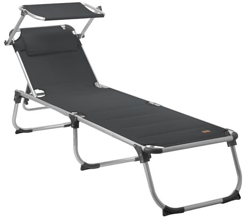 CampFeuer Sonnenliege mit Dach | Anthrazit | Alu Campingliege, Liegestuhl, Relaxliege | Gartenliege mit Sonnendach, Angelliege, Strandliege verstellbar | Klappliege, Terassenliege, Outdoorliege