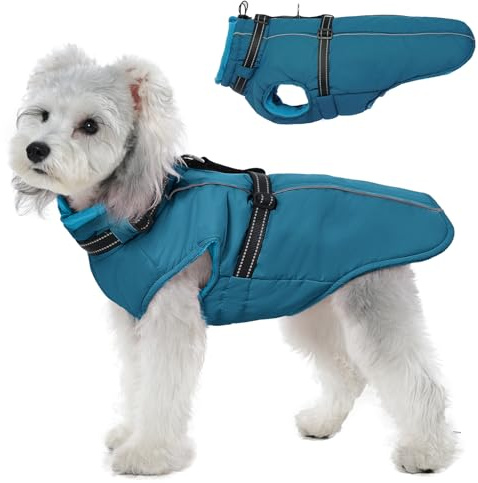 Lelepet Hundemantel für den Winter, Warme Hundejacke mit integriertem Geschirr, Winddicht Mantel mit Fleece Gefüttert für Hunde, Reflektierende Hundeweste für Kaltes Wetter, Blau S