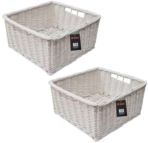 H-line 2 x Large Square Wicker Storage Baskets Hamper Rattan Shelf Unit Display Tidy (White) - Ideal for Christmas/Easter/Newborn Gift Hamper