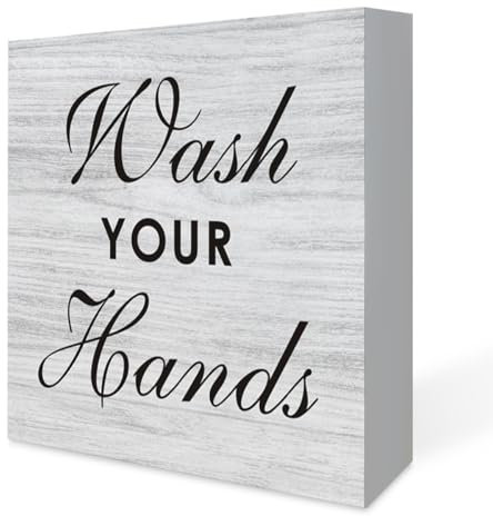 Badezimmer-Hinweisschild aus Holz mit Spruch, Schreibtischdekoration, 12,7 x 12,7 cm, Wash Your Hands, Holzschild-Block, rustikales Heim-WC, WC-Dekor