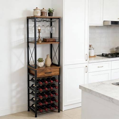 Warmiehomy Wine Racks Free Standing Indoor Home Bar Wine Storage Shelf for Living Room Bedroom Kitchen Dining Room Office Bistro Pub with 20 Wine Bottle Holder, 3 Rows Wine Glass Rack, Wooden Drawer