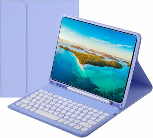 NUWONAYA Funda de teclado para Galaxy Tab A8 de 10.5 pulgadas, funda delgada y redonda de color caramelo con soporte para bolígrafo S, teclado inalámbrico desmontable magnético, morado