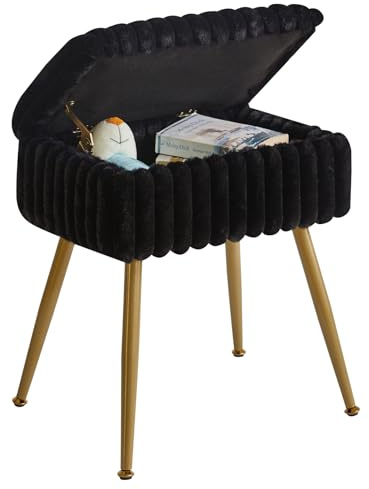 Aibiju Velvet Dressing Table Stool, Rectangular Vanity Stool with Storange, Make up Chair with 4 Metal Legs for Makeup Room, Bedroom, Black YD-MS151B