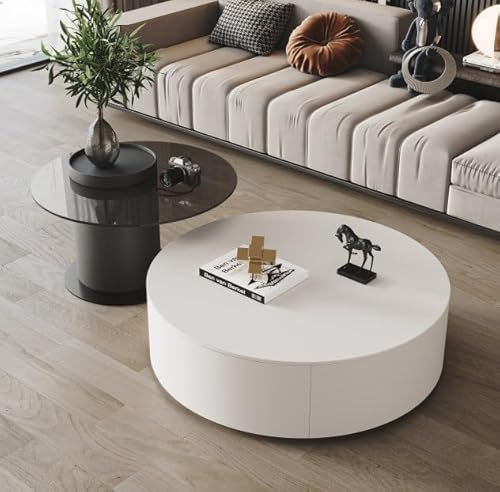 Ensemble De Deux Tables Basses Modernes Simples,Table Basse Ronde En Noyer Massif Avec Table D'appoint Funky Et Plateau En Verre Trempé, Table Basse Circulaires De Luxe Pour Le Salon(White B)