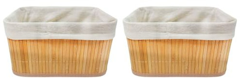 Acan Tradineur - Pack de 2 cestas rectangulares de bambú, incluyen forro interior de tela extraíble y lavable, ligeras, organización del hogar (Color natural - 26 x 20 x 14 cm)