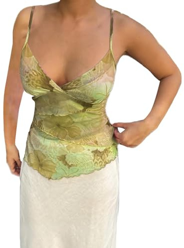 Generisch Débardeur d'été pour femme - En maille florale - Sexy - Crop top avec imprimé floral et bretelles spaghetti - Haut Y2K sans manches pour l'été, les adolescentes et filles - Coupe ajustée