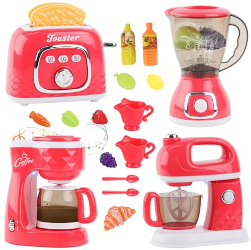 Pretend Play Kitchen Appliances Toy Set with Realistic Sounds Role Pretend Play Kitchen Accessories Set with Coffee Maker Machine,Blender, Mixer and Toaster for Kids Toddlers Boys Girls Ages 3+