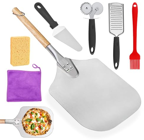 Pizza 7 Piece Pizza Peel Set, 30.5 x 35.5cm Pizza Spatula, Aluminum Pizza Paddle with Cheese Grater, Oil Brush, Pizza Cutter and More, Pizza Oven Accessories, Baking Pizza, Bread
