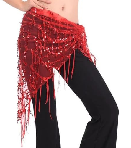 Pañuelo de danza del vientre para mujer, cinturón de danza del vientre, borla de lentejuelas brillantes, cadenas de cintura, danza del vientre, bufanda de cadera para mujer (rojo)