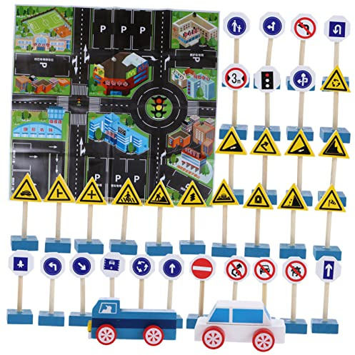 FRCOLOR Jeu Éducatif Panneaux de Signalisation Bois Simulation Circulation avec Panneaux Petites Voitures et Carte Interactif pour Garçon Fille Garçon Fille Apprentissage Sécurité