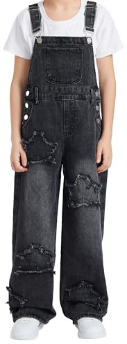 Maeau Salopette in denim per bambini e bambine, 7-12 anni, jeans con gamba larga, alla moda, con gamba dritta, tuta larga, pantaloni in jeans, elastico in vita, confortevole, morbido, Nero , 10-11