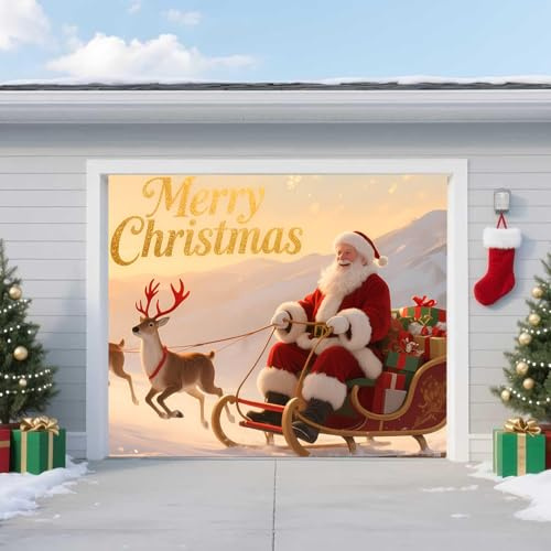 8 * 7ft/2.4 * 2.1m,Weihnachten Garagentor Banner – Outdoor Weihnachtsdeko mit Weihnachtsmann Schlitten & Rentieren – Große Wasserdichte Wiederverwendbare Abdeckung für Haus, Garten, Party