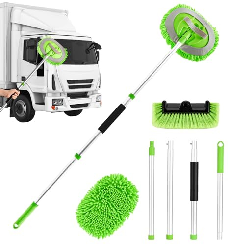 Iptienda 61 Inch Telescopic Car Wash Brush Kit,2-in-1 Car Cleaning Mop with Replaceable Chenille Microfiber Head&ABS Brush,Scratch-Free Long Handle for RV, Vans, SUV, Lorries, Caravan, Boat&Household