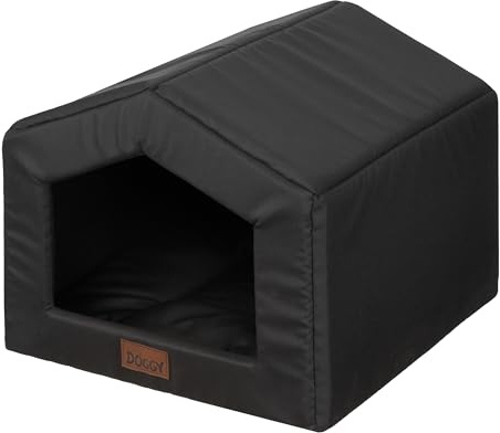 DOGGY Hundehütte – Hundehöhle mit Kissen - Winterfest Wasserdicht Wetterfester – Warm Hundehaus - Katzenhaus Für Draußen - Haustiere Kleine Hund Katze 55x59x34 cm - Schwarz