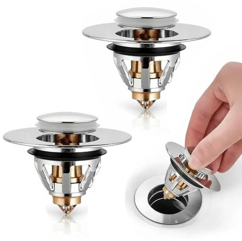 2 Pack Sink Drain Stopper, 34mm Universal Bathroom Sink Plug Replacement with Brass Pop-Up Core, Anti-Clog and Odor Prevention