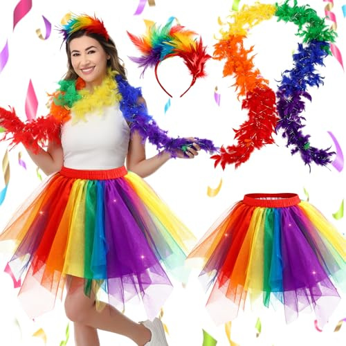 LumenVela Regenbogen Kostüm Damen, Regenbogen Tüllrock Faschingskostüme Damen, 3 Stück 80er Jahre Bunter Tüllrock mit Federboa Feder Haarreif für Karneval & Mottoparty (S-L)