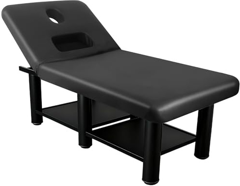Stationary Spa Massage Table 31.5 Wide with Adjustable Backrest, Open Chest Cushion and Double Storage Shelves, PU Leather Treatment Bed