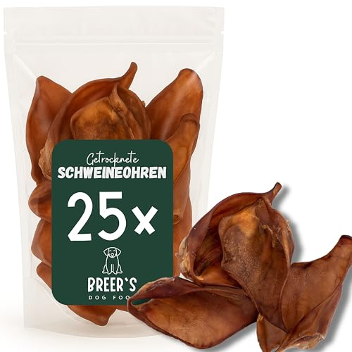BREERs Getrocknete Schweineohren für Hunde 25 Stück Kauartikel aus Schwein, Hundeleckerli getreidefrei, Kausnack, Leckerli Hund, eigene deutsche Herstellung