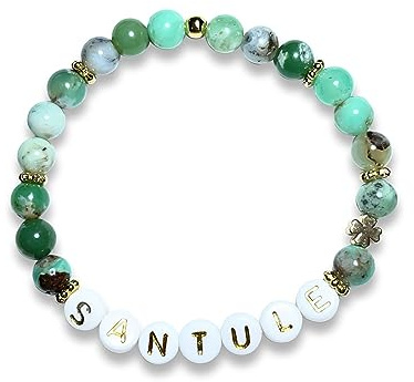 Majas Perlen Armband mit Namen Chrysopras Klee echt vergoldet - echte Edelsteine Mondstein Apatit Citrin Amethyst uvm. zur Auswahl - Geschenk Liebe Glück Geburt Erinnerung - Handmade Personalisierbar