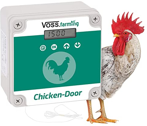 VOSS.farming Set Chicken-Door automatische Hühnertür, Türöffnung, Türöffner für Hühnerstall, Hühnerhaus, mit Lichtsensor, Zeitschaltung, Manuell