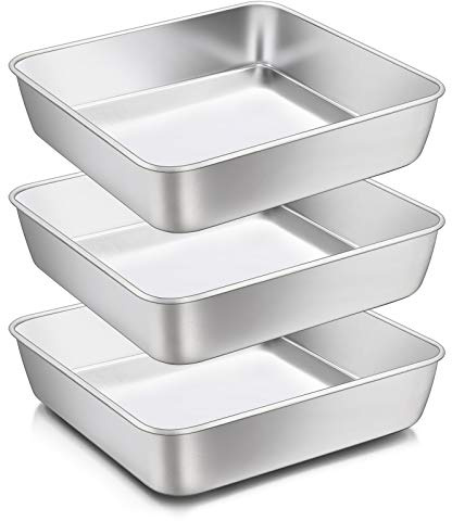 8 x 8-Inch Baking Pan, E-far Square Cake Brownie Baking Pans Stainless Steel Bakeware Set of 3, Fits in Small Toaster Oven, Non-toxic & Dishwasher Safe
