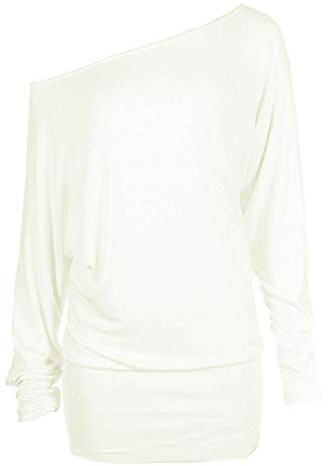 REAL LIFE FASHION LTD Women's Batwing Long Sleeve Off Shoulder Top Baggy Shirt Jumper Ladies Plain and Printed Batwing Top Casual Winter Wear Loose Off Shoulder Neck Fit Jumper Tops UK 8 to 26 Cream