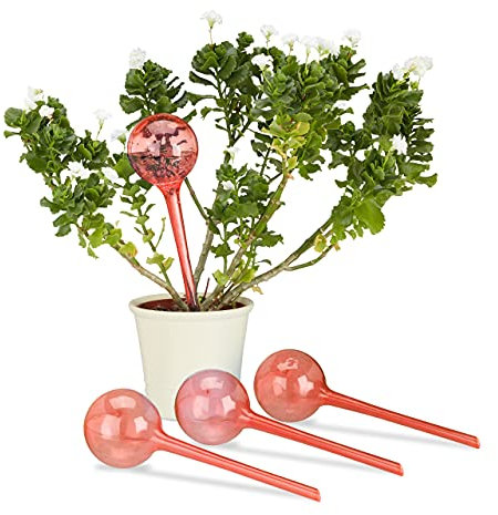 Relaxdays Set 4 Sfere per Irrigazione, Dosatori d’Acqua per Piante da Vaso, Durata 2 Settimane, in Plastica, rosso