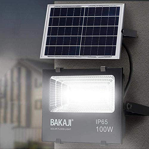 BAKAJI Projecteur LED extérieur 100 W avec panneau solaire ultra-lumineuse blanche 6000 K - 1000 lm lampe spot avec télécommande fonction minuterie et capteur crépusculaire (100W)