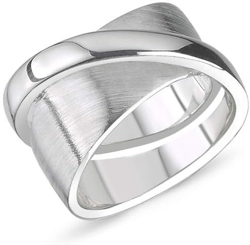 Vinani Damen Doppelring 925 Sterling Silber – Flache und Abgerundete Bänder mit Glänzender und Matter Oberfläche, Modernes zeitloses Schmuckstück für Frauen, Handgefertigt