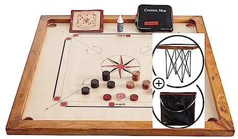 Ubergames Carrom Board Set offizielle Größe 7 kg - Top ECO-Hartholz Qualität - Komplettes Set mit Offiziellen Scheiben, Striker, Tisch und Tasche- India Original