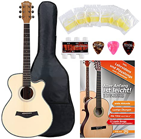 Rocktile WSC-100C NT Westerngitarre Starter Set - Korpusform: Concert mit Cutaway - Decke: Fichte - Boden & Zarge: Mahagoni - Hals: Okoume - inkl. Tasche, Notenheft, Saiten & Plektren - Natur