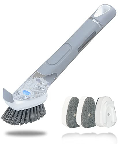 ITTAHO - Spazzola multiuso per piatti con 3 testine sostituibili in spugna, con dispenser di sapone per pentola, padella, lavandino, colore: grigio