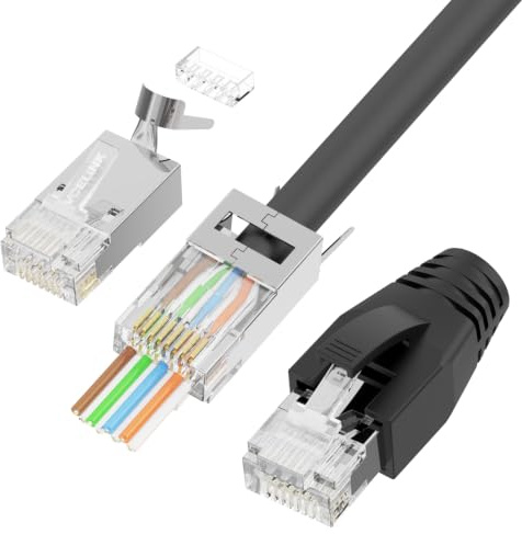 VCELINK 20 x RJ45 Stecker, CAT7 Pass Through Netzwerkstecker, Lan stecker | 10 Gbit/s, für Cat7/Cat6A Verlegekabel geschirmt, PoE-fähig, mit Einfädelhilfe und Knickschutz, Switch/TV/Router/PC, schwarz