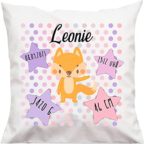 Kleckerliese Kissen Personalisiert Kissenbezug Weiss Kissenhülle 40x40 cm Tiermotiv Datum Uhrzeit Gewicht Name Tiere, Fuchs