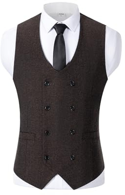 Gilet de costume vintage pour homme - Double boutonnage - Laine Tweed - Gilet pour mariage garçons d'honneur, café, XL