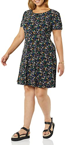 Amazon Essentials Abito a Trapezio a Girocollo con Maniche Corte Arricciate (Disponibile in Taglie Forti) Donna, Nero Motivo Floreale Piccolo, XXL