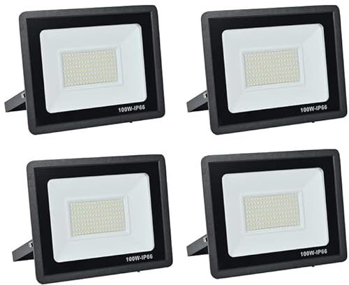 LED Floodlight Security Light,100W Outdoor Spotlight 10000LM Outdoor Flood Lights,IP66 Waterproof 6000k LED Spotlight for Garden,Garage,Square,Car Park,Construction Site ect(Cold white-4pcs,100W)