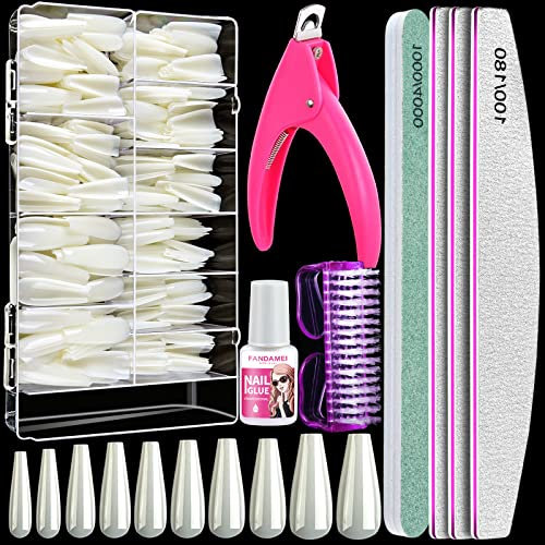 FANDAMEI 600 PCS Ballerina Weiße Künstliche Nägel Zum Aufkleben Set, Natürliche Lange Coffin Falsche Nägel, Nagelfeilen 100/180, Nagelknipser für Gefälschte Nägel, Nagelbürste, Nagelkleber