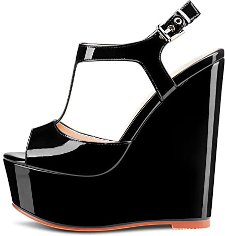 NobleOnly Donna Alto High Zeppa Piattaforma Tacco Aperte sulla Punta Cinturino alla Caviglia T-strap Slingback Fibbia Sandali da Matrimonio Feste 15 CM Heels Scarpe Nero Verniciata 40 EU