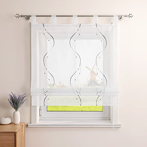 CORLIF Raffrollo mit Schlaufen Leinenoptik Raffgardine B140 x H140 cm,Grau | 1 Stück,Mit Stickerei,Transparent,Modern,Schlaufenrollo Landhausstil,Küche Rollo,Mit Wellenmuster,Kurz Fenster Schal