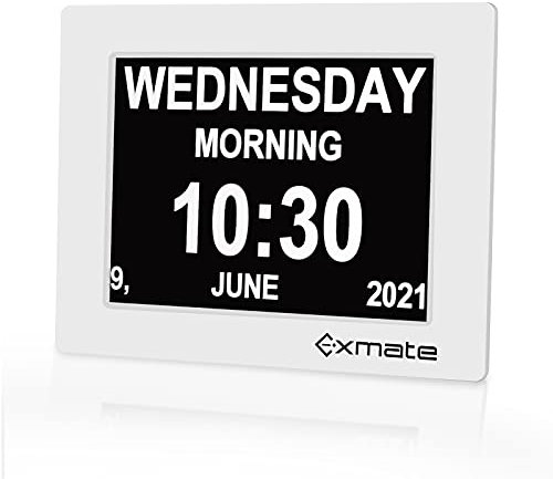Exmate 8 Extra Orologio Sveglia Digitale, Orologio per demenzaper Anziani, Large Calendario Digitale, Ideale per Visione compromessa e Perdita di Memoria (Bianca)