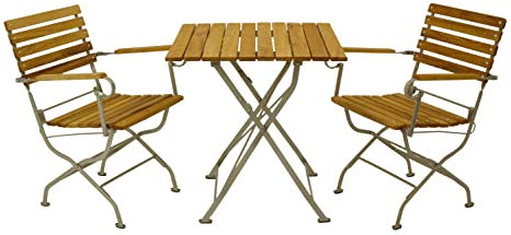 DEGAMO Garten Sitzgruppe Klappgarnitur Passau 3-teilig (2X Armlehnensessel, 1x Tisch eckig 70x70cm), Gestell verzinkt und transparent pulverbeschichtet, Belattung Robinien Holz, Outdoor