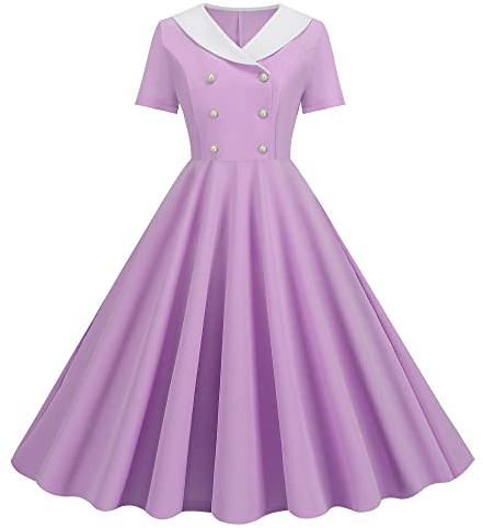 Wellwits Robe trapèze vintage années 1940 et 1950 avec col en V pour femme, Violet fantaisie., 38/40 FR