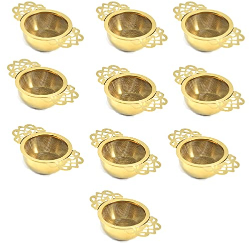 Verve Jelly 10Pack Tea Filters with Drip Bowls, Ultra Fine Mesh Tea Strainers Stainless Steel Tea Strainer with Double Handles for Loose Leaf Tea and Spices & Seasonings, Gold